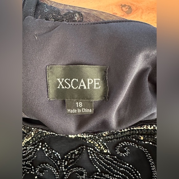 Xscape Dress Navy Blue Illusion Beaded Chiffon Ruched Gown NWT Formal - Picture 11 of 11